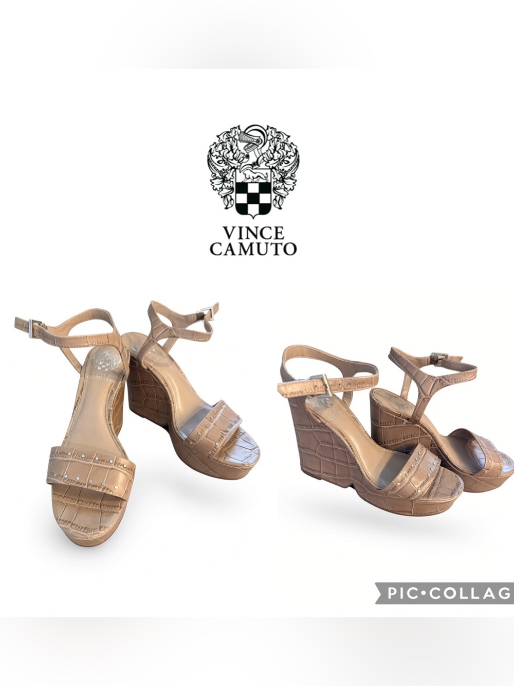 Vince Camuto Tan Croc-Embossed Platform Wedge Sandals with Ankle Strap